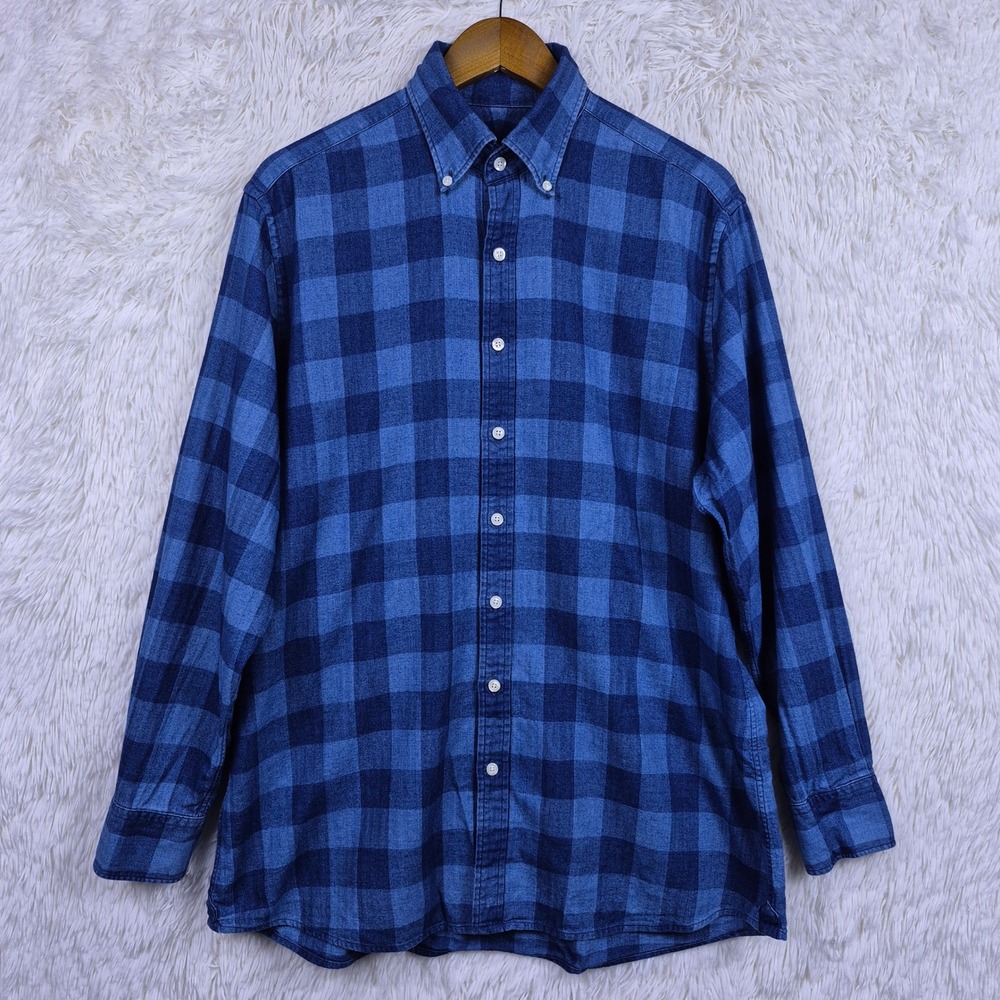 Proper Cloth Washed Japanese Indigo Buffalo Plaid Brushed Herringbone Shirt L